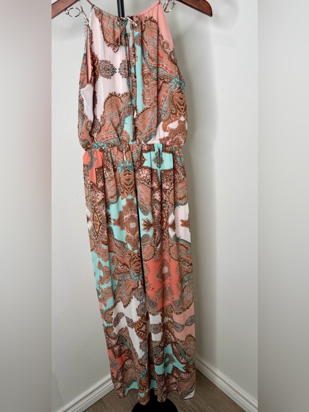 Sweet Storm Paisley Maxi Dress in Coral, Aqua & Cream Size Small